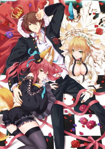 Anime picture 1116x1578 with fate (series) fate/extra fate/extra ccc type-moon nero claudius (fate) tamamo (fate) (all) tamamo no mae (fate) nero claudius (bride) (fate) kishinami hakuno (male) yukihime (mofumofu2225) long hair tall image short hair breasts blonde hair brown hair multiple girls brown eyes green eyes animal ears