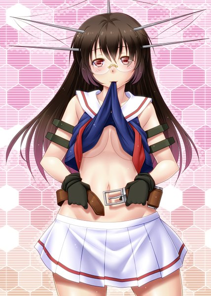 Anime picture 1000x1400 with kantai collection choukai heavy cruiser ayato single long hair tall image looking at viewer blush breasts light erotic black hair red eyes girl skirt navel hair ornament glasses belt sailor suit