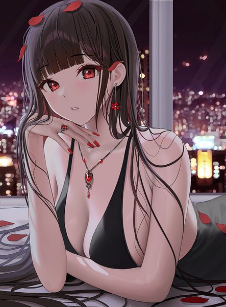 Anime picture 1400x1895 with original tokkihouse single long hair tall image looking at viewer fringe breasts light erotic black hair red eyes large breasts bare shoulders indoors lying blunt bangs nail polish parted lips fingernails night
