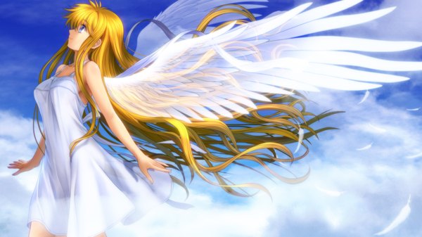 Anime picture 1920x1080 with air key (studio) kamio misuzu mutsuki (moonknives) single long hair highres blue eyes blonde hair wide image cloud (clouds) girl wings feather (feathers) sundress