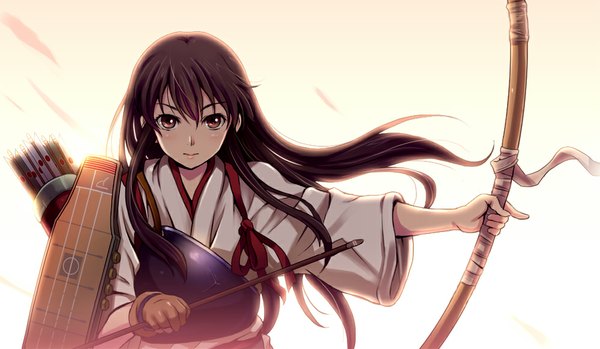 Anime picture 1000x582 with kantai collection akagi aircraft carrier shian (my lonly life.) single long hair looking at viewer blush black hair simple background wide image white background brown eyes traditional clothes girl weapon armor bow (weapon) arrow (arrows) breastplate muneate