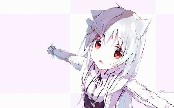 Anime picture 4000x2500 with original middle sann3 single long hair looking at viewer highres open mouth simple background red eyes signed animal ears absurdres silver hair upper body cat ears shadow twitter username spread arms girl bow