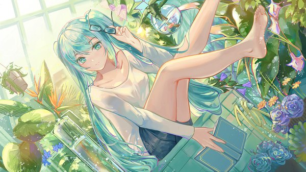 Anime picture 1680x945 with vocaloid hatsune miku qie single long hair wide image sitting twintails holding barefoot aqua eyes aqua hair bare legs dutch angle leg lift (legs lift) eyewear removed girl flower (flowers) plant (plants) glasses