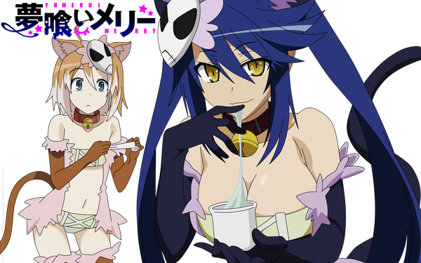 Anime picture 2560x1600 with yumekui merry albireo (yumekui merry) spica (yumekui merry) long hair highres short hair blue eyes light erotic brown hair wide image twintails bare shoulders multiple girls animal ears yellow eyes blue hair cleavage animal tail cat ears cat girl