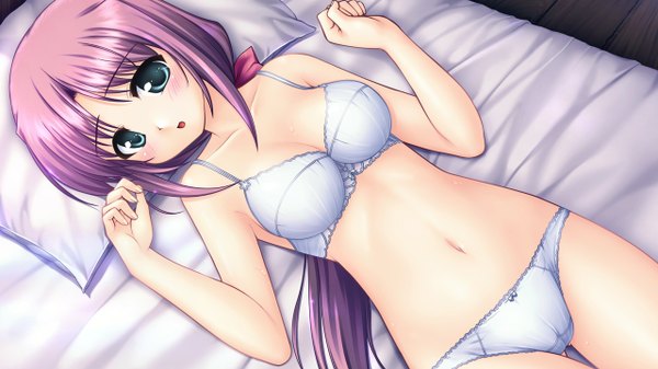 Anime picture 1280x720 with aiyoku no eustia long hair blush blue eyes light erotic wide image game cg purple hair underwear only girl underwear panties