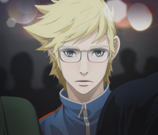 Anime picture 1402x1200 with carnivorous princess yegrinna shik nam jane in the box (artist) single looking at viewer short hair blue eyes blonde hair face city lights silhouette boy glasses jacket people fireflies