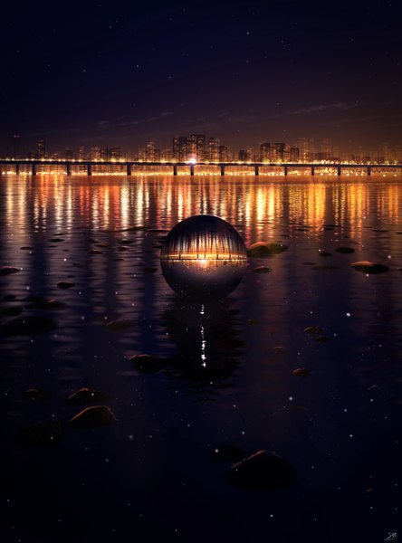 Anime picture 3200x4326 with original skyrick9413 tall image highres signed absurdres night night sky city reflection cityscape no people landscape scenic city lights water building (buildings) star (stars) bridge sphere