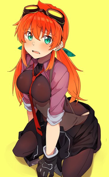 Anime picture 2172x3541 with original amano tora kazenoko single long hair tall image looking at viewer blush fringe highres breasts open mouth simple background hair between eyes large breasts twintails green eyes from above orange hair between breasts