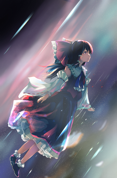 Anime picture 1043x1585 with touhou hakurei reimu saltlaver single long hair tall image fringe black hair purple eyes twintails traditional clothes japanese clothes blurry night wide sleeves looking up spread arms flying surreal girl