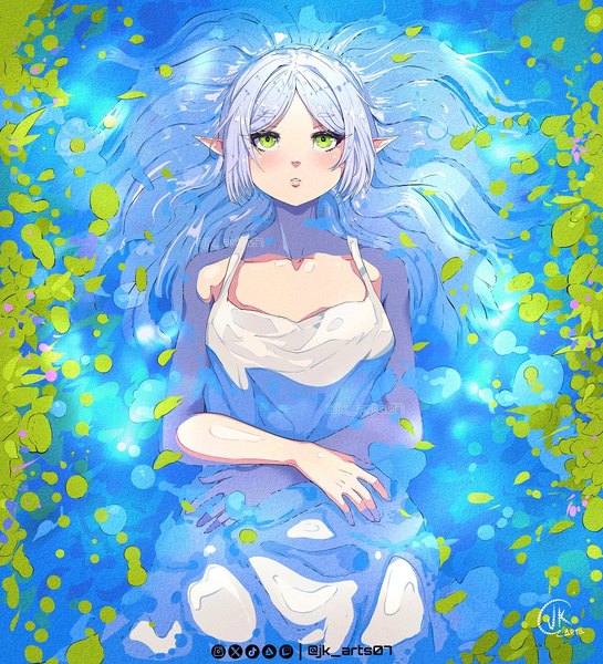 Anime picture 1000x1100 with sousou no frieren frieren jk arts single long hair tall image green eyes silver hair pointy ears sleeveless partially submerged elf afloat girl dress white dress