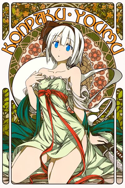 Anime picture 800x1195 with touhou konpaku youmu myon sazanami mio tall image looking at viewer short hair blue eyes sitting bare shoulders white hair bare legs character names floral print ghost girl dress ribbon (ribbons) weapon hair ribbon