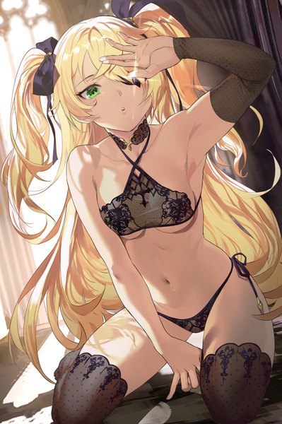 Anime picture 1399x2104 with genshin impact fischl (genshin impact) salmon88 single long hair tall image looking at viewer fringe breasts open mouth light erotic blonde hair sitting green eyes payot arm up sunlight hair over one eye :o sparkle