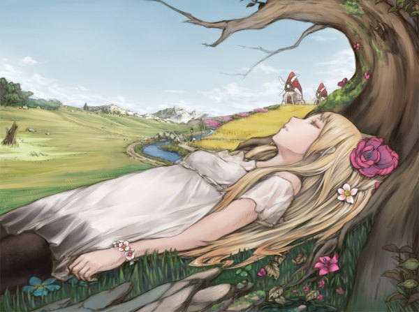 Anime picture 1200x894 with original nizuma single long hair blonde hair eyes closed hair flower river against tree girl hair ornament flower (flowers) plant (plants) tree (trees) water bracelet building (buildings) jewelry grass stone (stones)