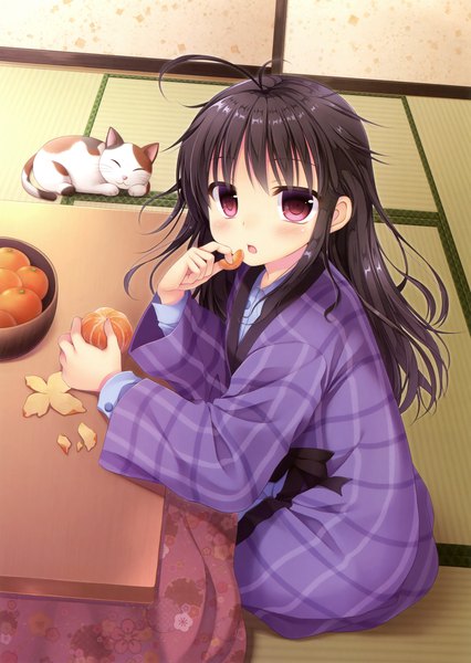 Anime picture 2488x3500 with original ameya kirika single long hair tall image looking at viewer blush highres black hair red eyes traditional clothes japanese clothes scan official art eating girl animal cat fruit pajamas