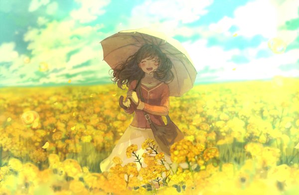 Anime picture 1300x850 with original pon-marsh single blush fringe open mouth brown hair holding sky cloud (clouds) eyes closed happy field girl skirt flower (flowers) petals pendant umbrella bag