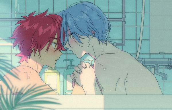 Anime picture 1600x1024 with sk8 the infinity studio bones hasegawa langa kyan reki mitsumi (t0ee0yb) blush short hair light erotic blue hair red hair indoors profile nude multiple boys wet embarrassed holding hands face to face shounen ai boy