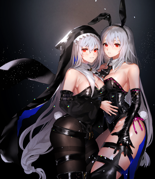 Anime picture 3704x4277 with arknights skadi (arknights) specter (arknights) yavalley long hair tall image looking at viewer blush fringe highres breasts light erotic simple background hair between eyes red eyes large breasts standing bare shoulders multiple girls animal ears