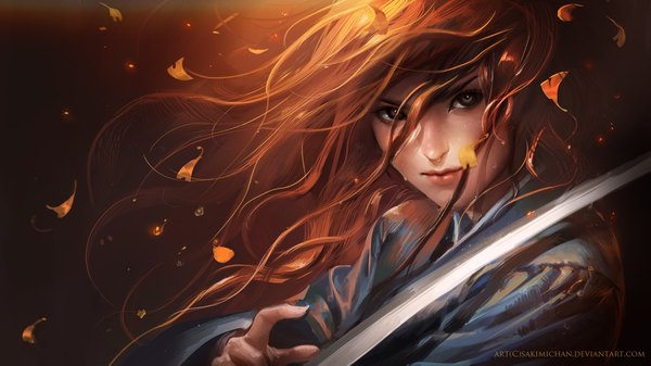 Anime picture 2000x1125 with original sakimichan single long hair fringe highres brown hair wide image looking away traditional clothes lips realistic serious girl weapon sword leaf (leaves)