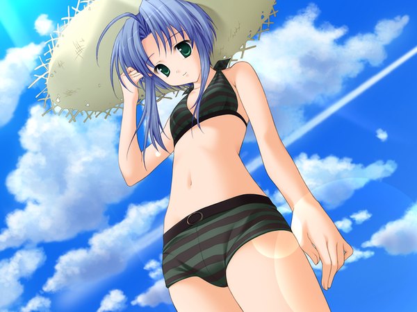 Anime picture 1200x900 with aozora no mieru oka fujimiya sui single light erotic green eyes blue hair game cg sky cloud (clouds) from above lens flare girl swimsuit hat bikini straw hat striped bikini