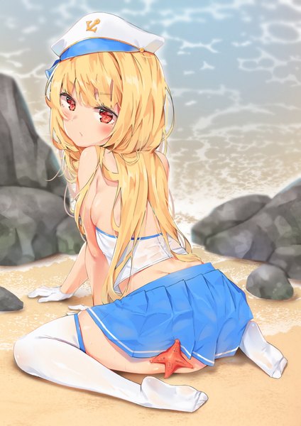 Anime picture 777x1100 with last origin agnamore single long hair tall image looking at viewer blush fringe breasts light erotic blonde hair red eyes sitting outdoors blunt bangs pleated skirt looking back from above beach sideboob