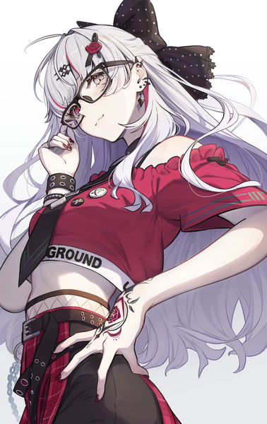 Anime picture 1066x1694 with virtual youtuber nijisanji ishigami nozomi torianco3 single long hair tall image looking at viewer simple background white background silver hair nail polish from below midriff tattoo hand on hip heterochromia piercing ear piercing half updo