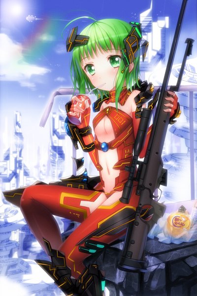 Anime picture 902x1354 with original swordsouls single tall image looking at viewer short hair light erotic sitting green eyes sky cloud (clouds) green hair drinking girl navel weapon gun bodysuit rainbow sniper rifle