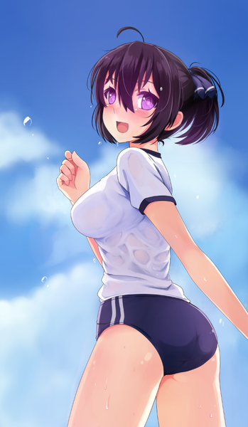 Anime picture 563x967 with original miyaura sanshio beifeng han single tall image looking at viewer blush short hair open mouth light erotic purple eyes purple hair girl uniform gym uniform