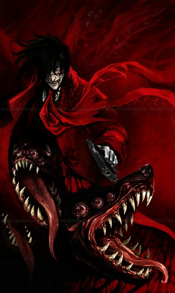 Anime picture 700x1167 with hellsing alucard (hellsing) akreon single tall image looking at viewer fringe short hair open mouth black hair red eyes standing holding outdoors light smile lips hair over one eye watermark red background serious