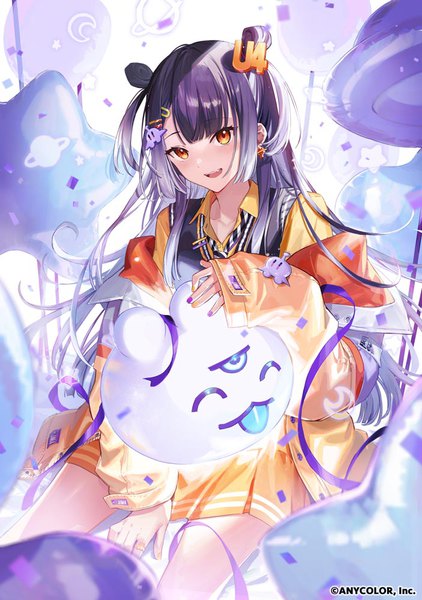 Anime picture 703x1000 with virtual youtuber nijisanji umise yotsuha itefu single long hair tall image looking at viewer open mouth sitting yellow eyes purple hair long sleeves nail polish :d off shoulder official art hair bun (hair buns) two side up sleeves past wrists