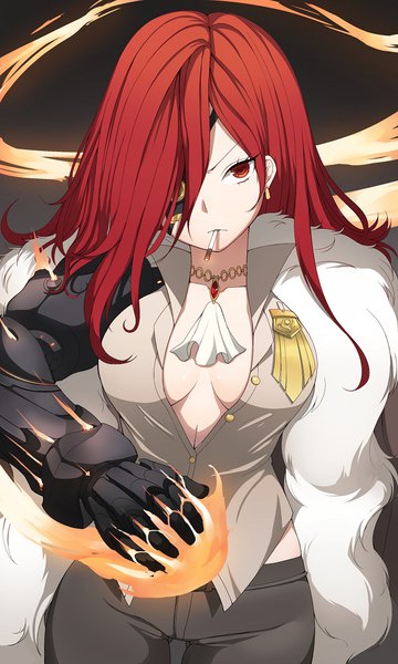 Anime picture 650x1083 with original k jin long hair tall image looking at viewer fringe light erotic red eyes holding red hair hair over one eye mouth hold magic ass visible through thighs dark background serious girl earrings armor pendant