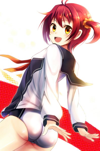 Anime picture 990x1500 with vividred operation isshiki akane sakura ani single tall image looking at viewer blush short hair open mouth light erotic smile white background yellow eyes ahoge ass red hair :d looking back girl scrunchie