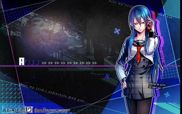 Anime picture 1920x1200 with re:vice[d] idea factory aika (re:vice[d]) long hair looking at viewer fringe highres blue eyes standing blue hair inscription official art wallpaper hand on hip girl uniform school uniform