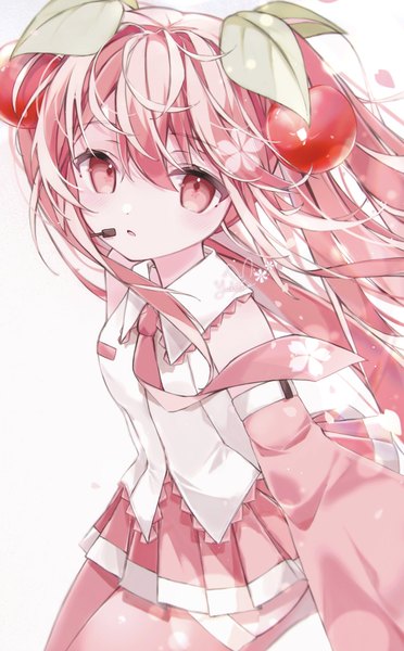 Anime picture 1917x3096 with vocaloid hatsune miku sakura miku yuki no 42 single long hair tall image looking at viewer fringe highres simple background hair between eyes white background twintails pink hair pleated skirt pink eyes girl skirt detached sleeves