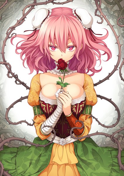 Anime picture 622x880 with touhou ibaraki kasen uruu gekka single tall image looking at viewer fringe short hair breasts light erotic hair between eyes large breasts pink hair cleavage pink eyes hair bun (hair buns) alternate costume covered mouth adapted costume girl