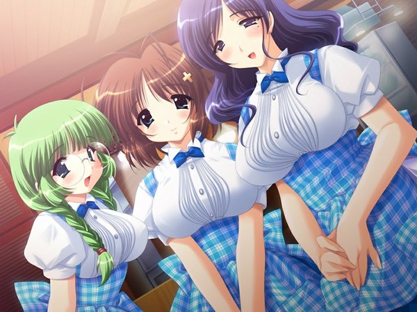 Anime picture 1024x768 with mind puppet (game) blue eyes brown hair purple eyes multiple girls green eyes game cg green hair girl 3 girls