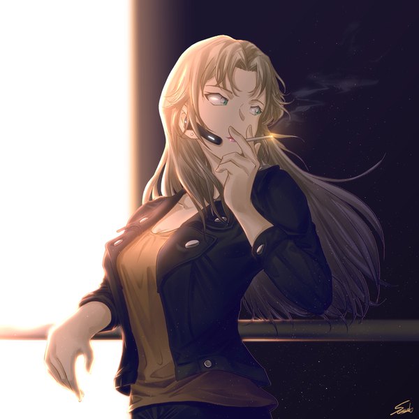 Anime picture 1240x1240 with detective conan vermouth (meitantei conan) sooma4869 single long hair fringe blonde hair standing holding green eyes signed payot looking away upper body open jacket lipstick floating hair pink lipstick smoking backlighting