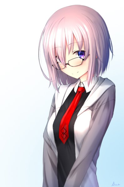 Anime picture 1381x2090 with fate (series) fate/grand order mash kyrielight basa rutan single tall image looking at viewer blush fringe short hair smile white background purple eyes signed pink hair upper body hair over one eye gradient background blue background girl