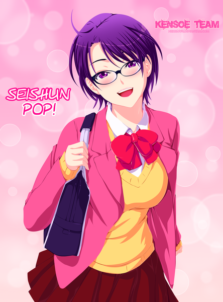 Anime picture 1854x2500 with seishun pop! (manga) kojima ayano nek0z4w4 (artist) single long hair tall image looking at viewer blush highres short hair breasts open mouth smile purple eyes purple hair copyright name happy eyebrows girl uniform