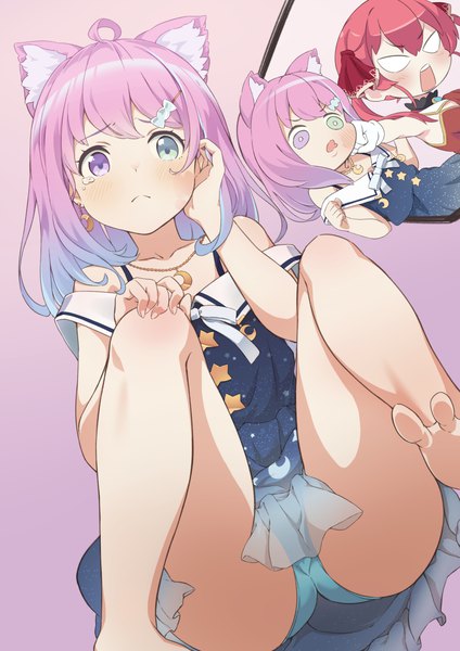 Anime picture 1275x1806 with virtual youtuber hololive houshou marine himemori luna himemori luna (3rd costume) misashi (raichi821) long hair tall image blush open mouth light erotic twintails bare shoulders multiple girls green eyes animal ears looking away pink hair ahoge red hair