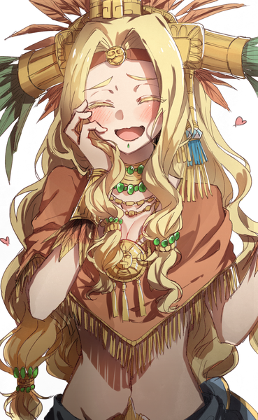 Anime picture 985x1600 with fate (series) fate/grand order quetzalcoatl (fate) chibirisu single long hair tall image blush open mouth simple background blonde hair white background cleavage eyes closed bare belly happy wavy hair ^ ^ hand on face ^o^