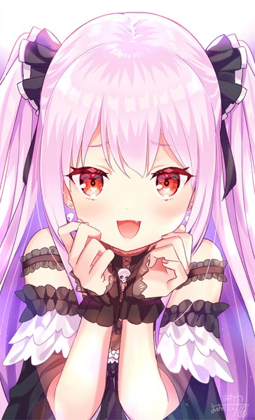 Anime picture 900x1482 with virtual youtuber hololive uruha rushia uruha rushia (3rd costume) okanoyuno single long hair tall image looking at viewer open mouth red eyes pink hair upper body :d two side up cute girl earrings