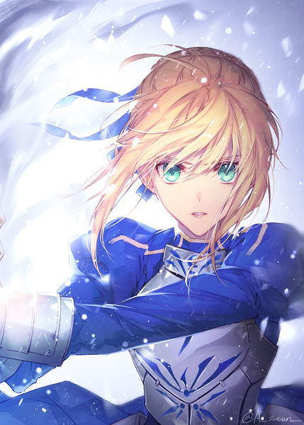 Anime picture 840x1174 with fate (series) fate/stay night artoria pendragon (all) saber sueun single long hair tall image looking at viewer fringe blonde hair hair between eyes green eyes signed upper body parted lips wind twitter username serious frown