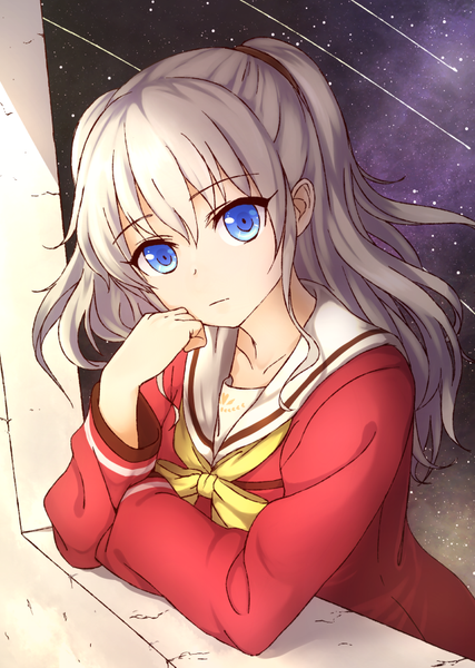 Anime picture 632x889 with charlotte p.a. works tomori nao ruka (naritayuzu) single long hair tall image looking at viewer fringe blue eyes silver hair two side up hand on face meteor rain girl uniform serafuku star (stars)