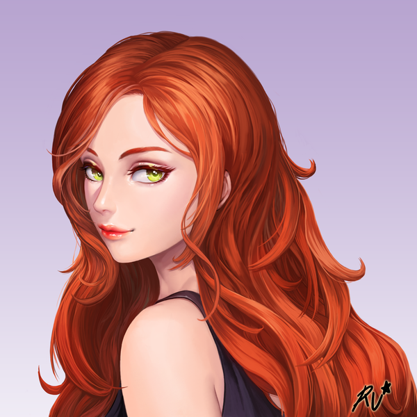 Anime picture 2432x2432 with original w ruwaki single long hair looking at viewer fringe highres smile bare shoulders green eyes signed upper body red hair looking back realistic lipstick gradient background wavy hair red lipstick girl