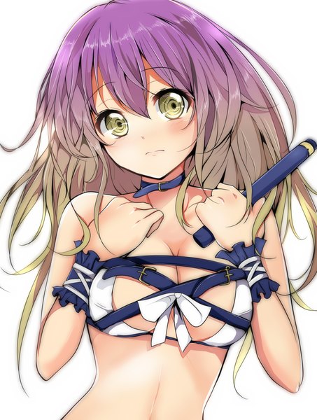 Anime picture 3172x4202 with touhou hijiri byakuren velia (artist) single long hair tall image looking at viewer highres light erotic simple background brown hair white background yellow eyes absurdres purple hair multicolored hair two-tone hair girl bow swimsuit