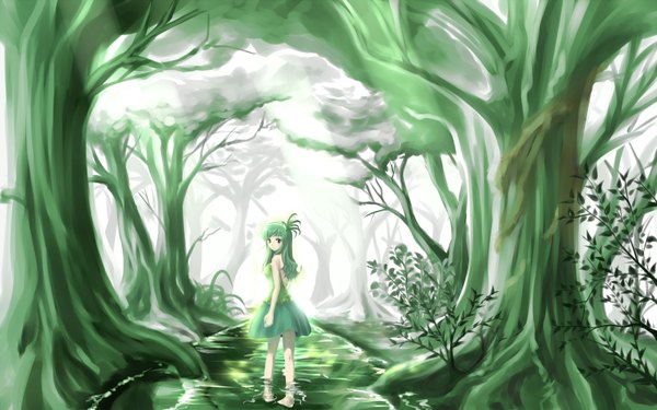 Anime picture 1600x1000 with original tsuki hana long hair looking at viewer wide image green eyes looking back barefoot green hair sunlight girl dress plant (plants) tree (trees) water forest