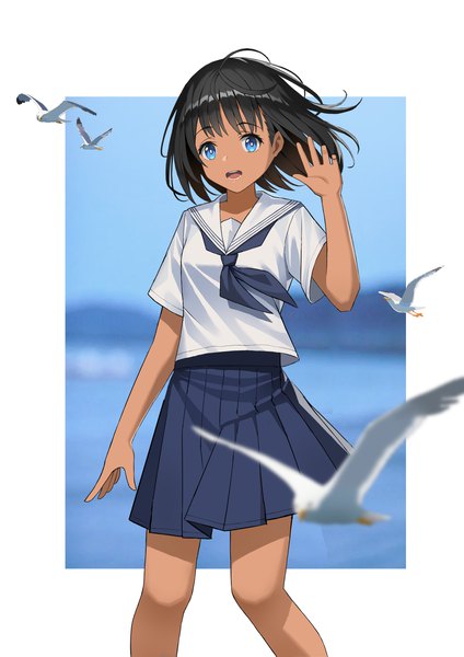 Anime picture 2480x3508 with summertime render kofune mio yuanmei single tall image looking at viewer highres short hair open mouth blue eyes black hair :d pleated skirt dark skin border outside border girl skirt uniform animal