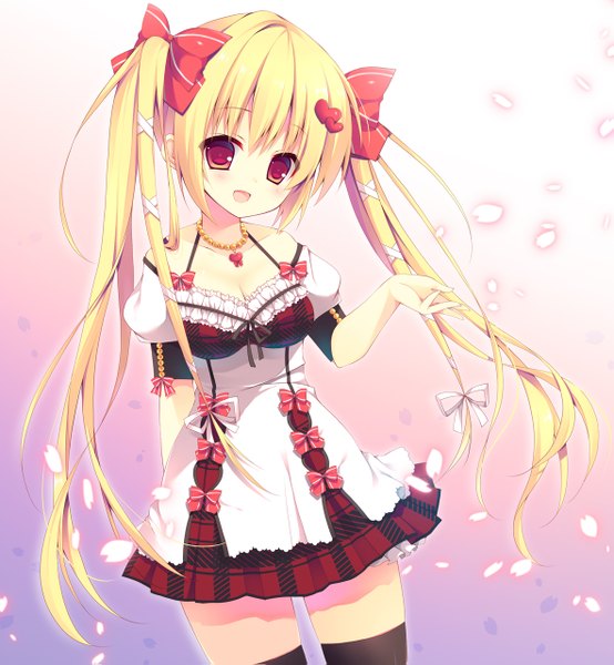 Anime picture 1181x1279 with original izumiyuhina long hair tall image looking at viewer blush open mouth blonde hair red eyes twintails girl thighhighs dress hair ornament bow ribbon (ribbons) black thighhighs hair bow hair ribbon petals