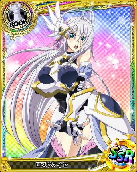 Anime picture 640x800 with highschool dxd rossweisse single long hair tall image looking at viewer blush breasts open mouth blue eyes light erotic large breasts white hair card (medium) girl dress gloves hair ornament fingerless gloves