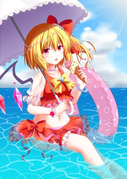 Anime picture 709x1000 with touhou flandre scarlet kure~pu single tall image looking at viewer blush short hair open mouth blonde hair red eyes midriff one side up girl skirt navel bow hair bow wings water